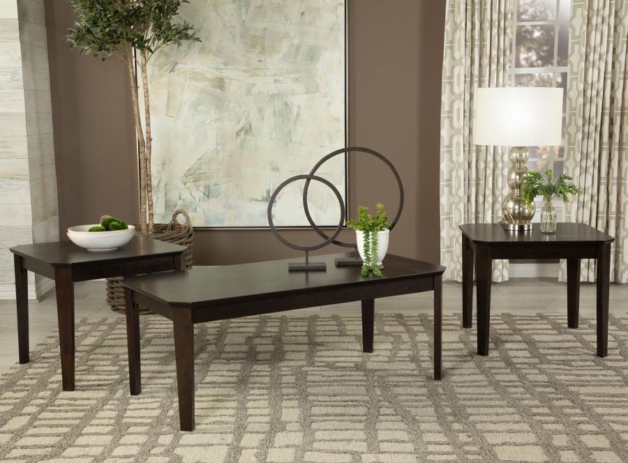 Add a timeless touch to your living room with this three-piece coffee table set. Featuring a coffee table and two side tables, each piece showcases a rich dark brown finish for a classic appeal. The smooth tops with notched corners add charm while providi