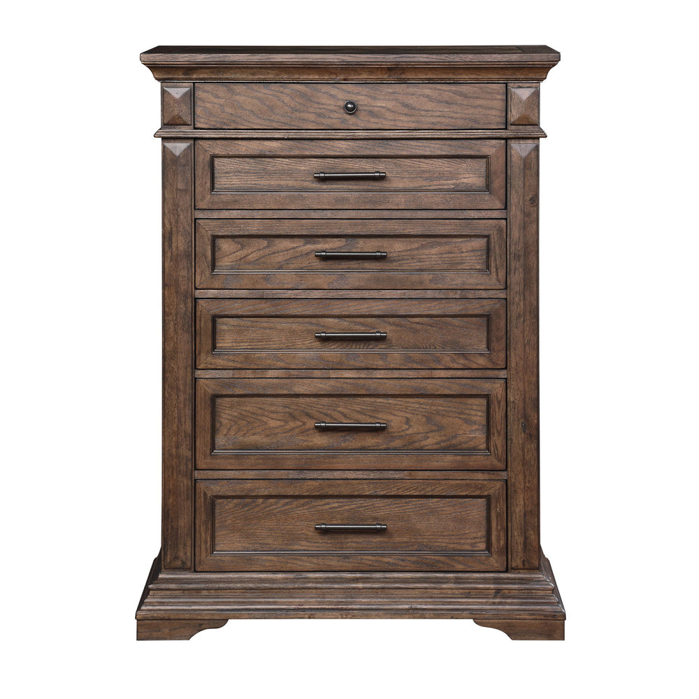 Discover the Mar Vista 6 Drawer Chest, a testament to craftsmanship and timeless design. Constructed with solid Rubberwood and Oak veneers, this chest promises durability and a robust presence in any room. The rich walnut finish, achieved through meticulo