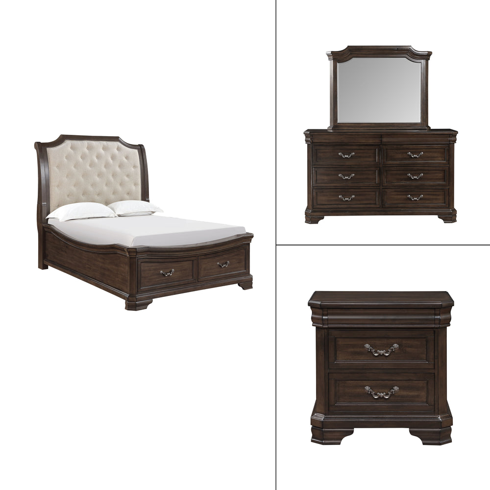 Uncover the Lyndhurst 4 pc bedroom set, a marvel of timeless design and enduring quality. This set features a stunning bed, 6-drawer dresser, mirror, and 2-drawer nightstand, all in rich walnut brown. Crafted from solid Acacia, Acacia veneers, and manufac