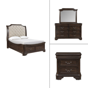 Uncover the Lyndhurst 4 pc bedroom set, a marvel of timeless design and enduring quality. This set features a stunning bed, 6-drawer dresser, mirror, and 2-drawer nightstand, all in rich walnut brown. Crafted from solid Acacia, Acacia veneers, and manufac