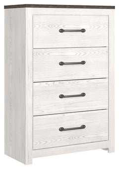 Cool, clean and casually modern. This chestâ€™s wispy whitewash and gray finish sets the tone for your calming sanctuary. Large linear pulls add dimension and authenticity. Four smooth-gliding drawers neatly accommodate your wardrobe needs.<br><br><b>Addi