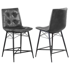 Cool and cozy, this counter height stool is the ultimate dining room upgrade. The padded seat is wrapped in smooth leatherette for an inviting look and feel. Button tufting adds a subtle, decorative touch. A sleek, metal base gives it a modern look while 