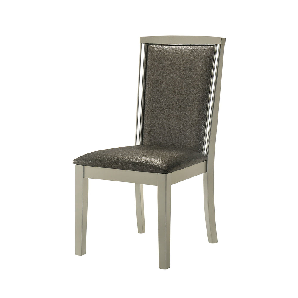 Experience the durability and elegance of the Lumina Dining Chairs, a set of two crafted from solid Rubberwood for lasting stability. Their high gloss gray finish perfectly complements the shimmering silver upholstery, adding a touch of glamour to any mod
