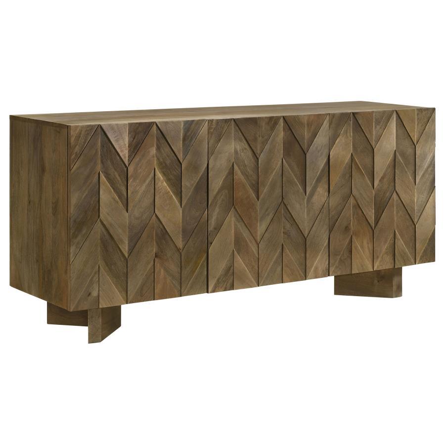 Enhance your dining room with a modern flair using our eco-friendly mango wood dining server. This server showcases a captivating chevron pattern on the door front, adding a touch of character and style to your space. With two adjustable shelves, it provi