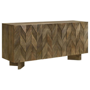 Enhance your dining room with a modern flair using our eco-friendly mango wood dining server. This server showcases a captivating chevron pattern on the door front, adding a touch of character and style to your space. With two adjustable shelves, it provi