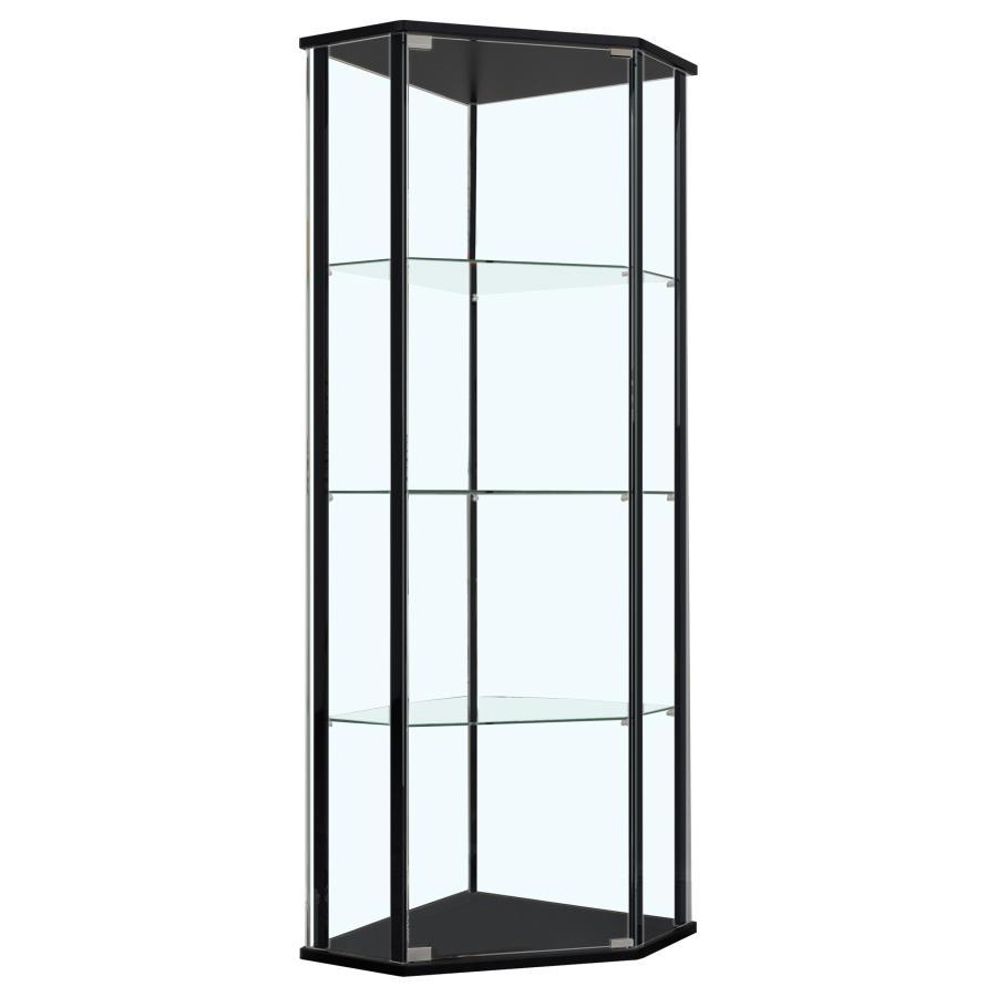 Bring your decor to elegant life with this stunning, modern curio cabinet. A triangular silhouette with cool, clipped corners adds artistic appeal to this glamorous piece. The sleek, metal supports flaunt a gleaming chrome finish. Three tiers of shelving 