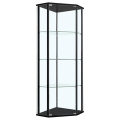 Bring your decor to elegant life with this stunning, modern curio cabinet. A triangular silhouette with cool, clipped corners adds artistic appeal to this glamorous piece. The sleek, metal supports flaunt a gleaming chrome finish. Three tiers of shelving 