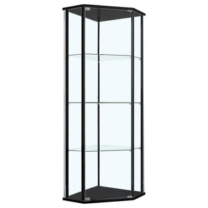 Bring your decor to elegant life with this stunning, modern curio cabinet. A triangular silhouette with cool, clipped corners adds artistic appeal to this glamorous piece. The sleek, metal supports flaunt a gleaming chrome finish. Three tiers of shelving 