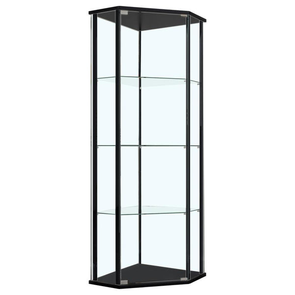Bring your decor to elegant life with this stunning, modern curio cabinet. A triangular silhouette with cool, clipped corners adds artistic appeal to this glamorous piece. The sleek, metal supports flaunt a gleaming chrome finish. Three tiers of shelving 