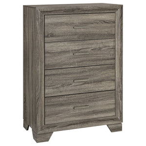 Upgrade your storage options for clothing and accessories with this transitional four-drawer chest. It delivers restrained, understated style with organic appeal, owing to its brown oak wood grain finish. Laminate surfaces add durability and resistance to