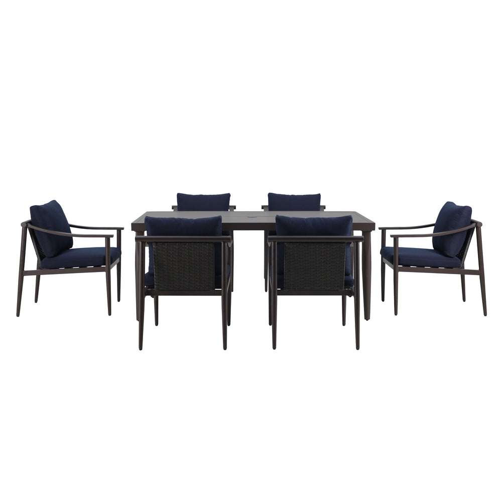 Upgrade your outdoor dining experience with the Moana 7 Piece Patio Dining Set, complete with a spacious table and six side chairs featuring comfortable blue cushions. Built with sturdy aluminum frames and a baked-on powder coat finish, this set is design
