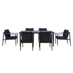 Upgrade your outdoor dining experience with the Moana 7 Piece Patio Dining Set, complete with a spacious table and six side chairs featuring comfortable blue cushions. Built with sturdy aluminum frames and a baked-on powder coat finish, this set is design