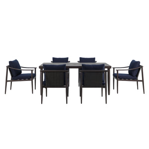 Upgrade your outdoor dining experience with the Moana 7 Piece Patio Dining Set, complete with a spacious table and six side chairs featuring comfortable blue cushions. Built with sturdy aluminum frames and a baked-on powder coat finish, this set is design
