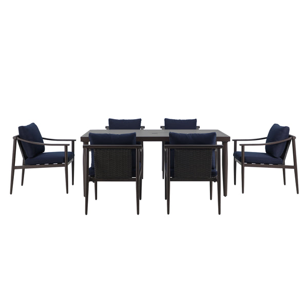 Upgrade your outdoor dining experience with the Moana 7 Piece Patio Dining Set, complete with a spacious table and six side chairs featuring comfortable blue cushions. Built with sturdy aluminum frames and a baked-on powder coat finish, this set is design