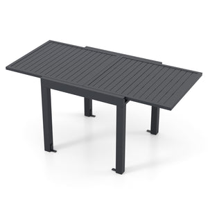 Expandable design offers you 2 length options<br>Seats up to 4-6 for various gatherings<br>Crafted from heavy-duty  rustproof and lightweight aluminum<br>2.5" thick table legs enhance stability<br>Comes with 4 L-shaped metal brace & matching screws<br>Sla