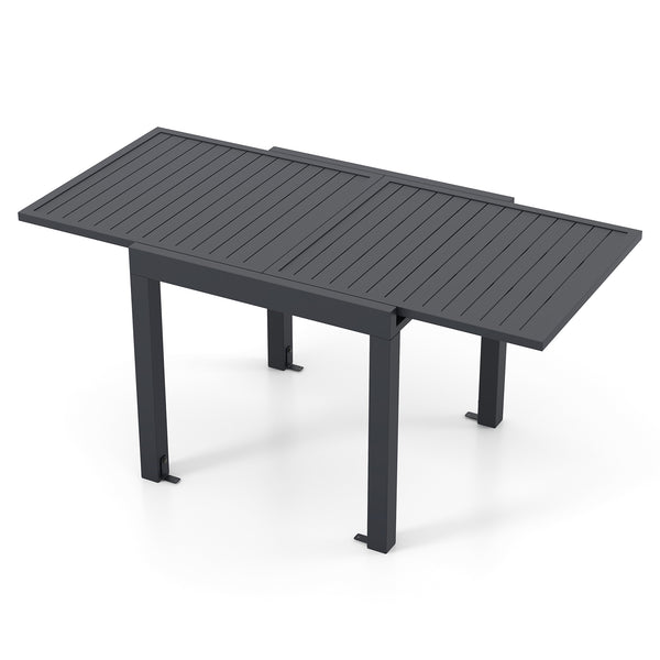 Expandable design offers you 2 length options<br>Seats up to 4-6 for various gatherings<br>Crafted from heavy-duty  rustproof and lightweight aluminum<br>2.5" thick table legs enhance stability<br>Comes with 4 L-shaped metal brace & matching screws<br>Sla
