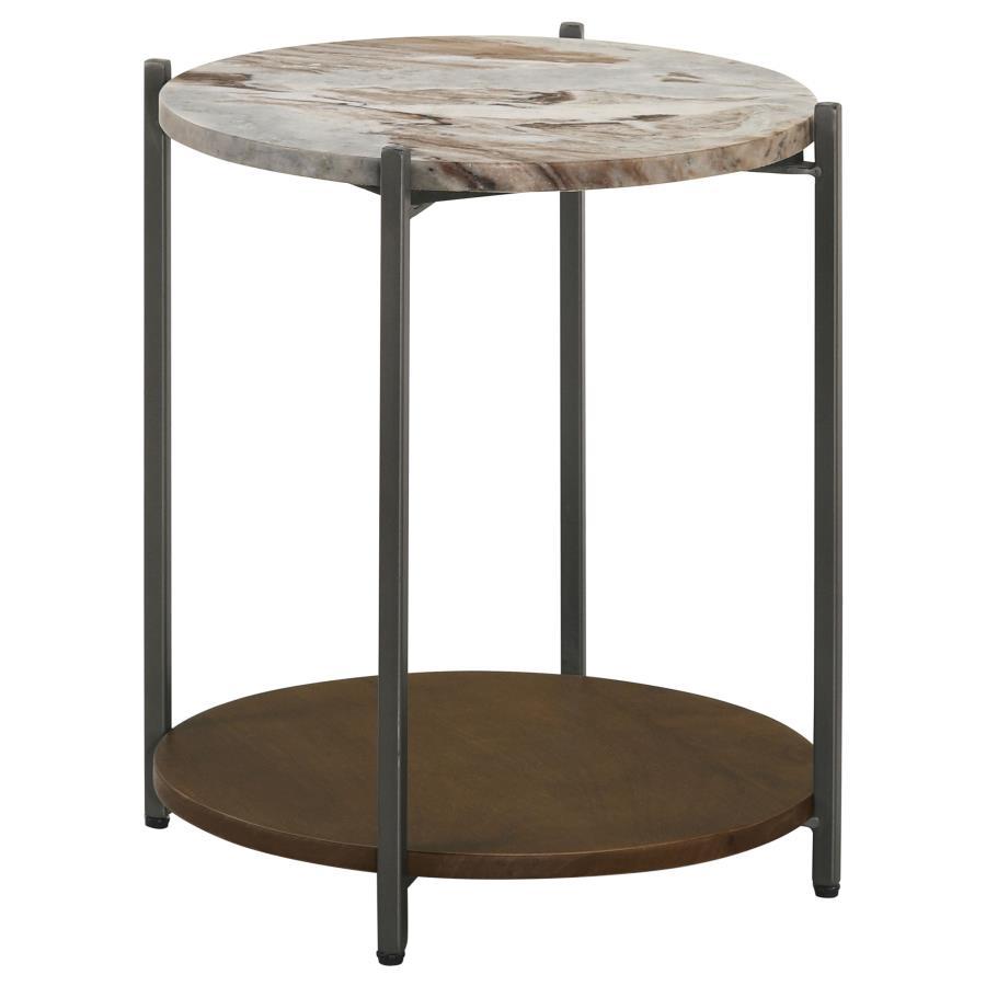 This side table combines sleek lines and natural materials, featuring a round, genuine brown marble top with elegant veining. The marble is cradled by a metal frame in a dark gunmetal finish. Below, the solid mango wood shelf in a rich brown finish offers