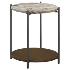 This side table combines sleek lines and natural materials, featuring a round, genuine brown marble top with elegant veining. The marble is cradled by a metal frame in a dark gunmetal finish. Below, the solid mango wood shelf in a rich brown finish offers