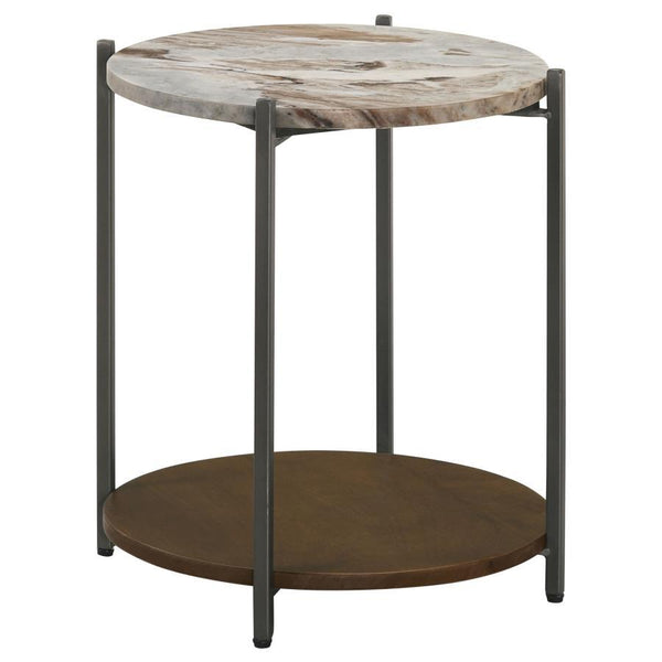 This side table combines sleek lines and natural materials, featuring a round, genuine brown marble top with elegant veining. The marble is cradled by a metal frame in a dark gunmetal finish. Below, the solid mango wood shelf in a rich brown finish offers