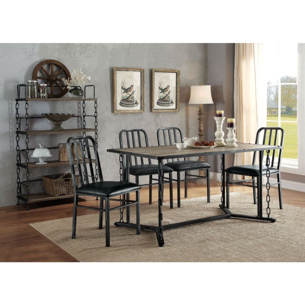 Make the most out of your small space with this Jodie dining set. This table has a very unique look that is casual yet traditionally-modern. It is supported by a metal frame and has a signature chain styled legs. The rustic oak finish wooden table top pro