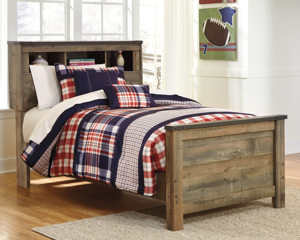 Whether she loves horses or he-'s a cowboy at heart, this twin bookcase bed matches their authenticity. Its rustic finish, plank-style details and nailhead trim pay homage to reclaimed barn wood, making for a chic look loaded with charm. Mattress and foun