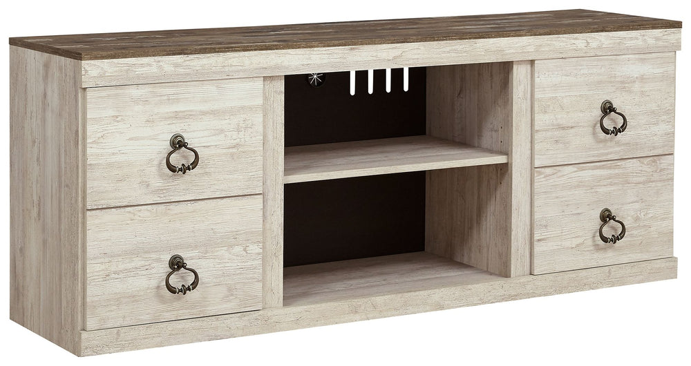 This TV stand is the ultimate statement piece for your coastal cottage or shabby chic inspired retreat. Whitewash finish is wonderfully easy on the eyes. Paired with the TV standâ€™s unique plank-style top, itâ€™s a driftwoody look that has our minds drif