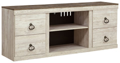 This TV stand is the ultimate statement piece for your coastal cottage or shabby chic inspired retreat. Whitewash finish is wonderfully easy on the eyes. Paired with the TV standâ€™s unique plank-style top, itâ€™s a driftwoody look that has our minds drif