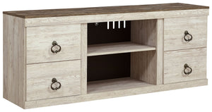 This TV stand is the ultimate statement piece for your coastal cottage or shabby chic inspired retreat. Whitewash finish is wonderfully easy on the eyes. Paired with the TV standâ€™s unique plank-style top, itâ€™s a driftwoody look that has our minds drif
