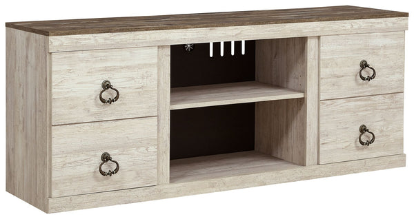 This TV stand is the ultimate statement piece for your coastal cottage or shabby chic inspired retreat. Whitewash finish is wonderfully easy on the eyes. Paired with the TV standâ€™s unique plank-style top, itâ€™s a driftwoody look that has our minds drif