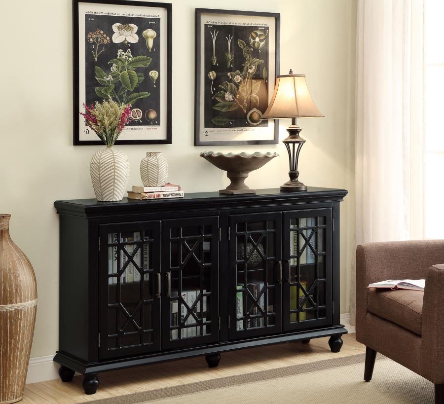 Add a touch of allure to the home with this lovely accent cabinet. It-'s crafted with decorative lattice overlay on each of the four cabinet doors for an enchanting appearance. Each door opens up to inside shelving to accommodate your storage needs. The c