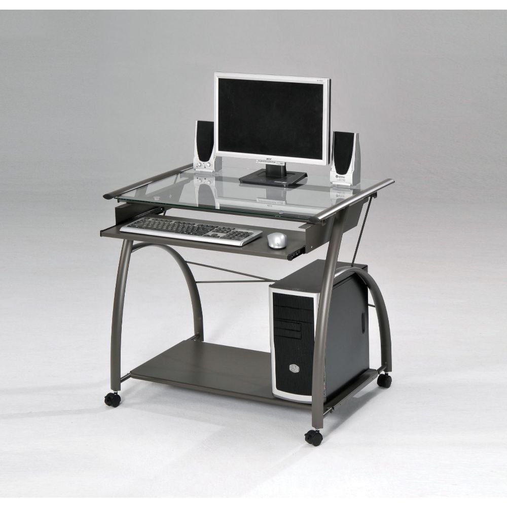 The Vincent computer desk offers an compact, sleek and contemporary design. This workstation is crafted in metal pewter finish with clear glass top. Features pull-out metal keyboard tray and bottom metal shelf.<br/><br/><b>Product Features</b><ul><li>Rect