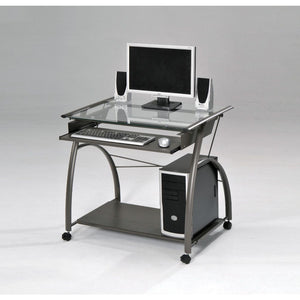  sleek and contemporary design. This workstation is crafted in metal pewter finish with clear glass top. Features pull-out metal keyboard tray and bottom metal shelf.<br/><br/><b>Product Features</b><ul><li>Rect