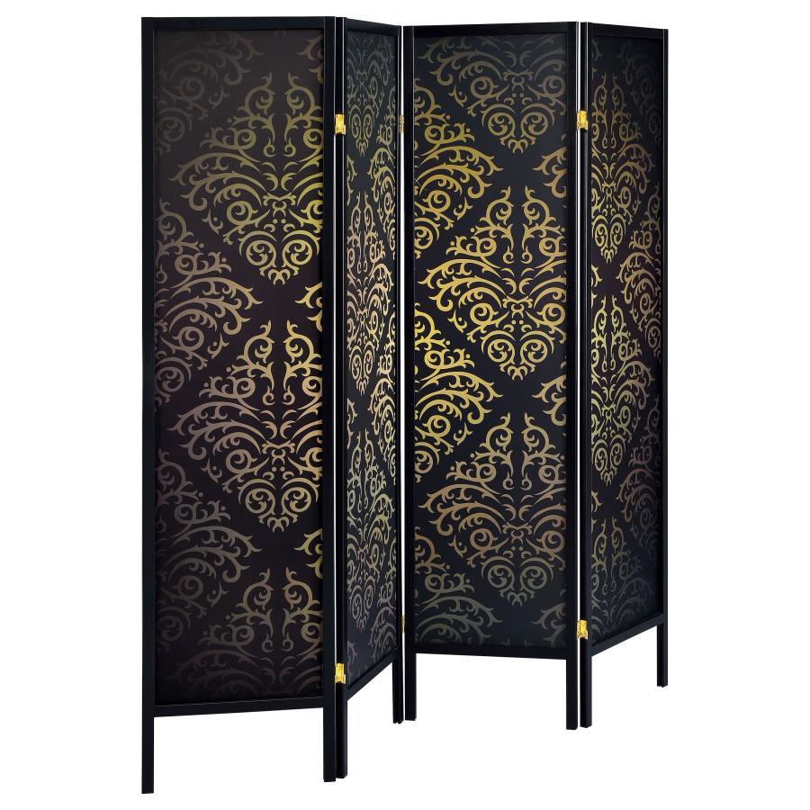 A paneled screen often is used as a room divider or a privacy provider. This stylish panel is sure to evoke more questions than answers. This four-panel screen adds mystery and romance. It comes with a black finish frame connected with shiny metal hinges.