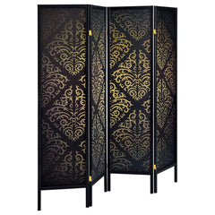 A paneled screen often is used as a room divider or a privacy provider. This stylish panel is sure to evoke more questions than answers. This four-panel screen adds mystery and romance. It comes with a black finish frame connected with shiny metal hinges.