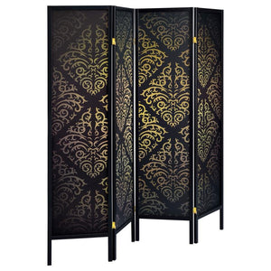 A paneled screen often is used as a room divider or a privacy provider. This stylish panel is sure to evoke more questions than answers. This four-panel screen adds mystery and romance. It comes with a black finish frame connected with shiny metal hinges.