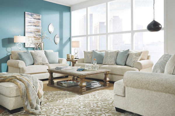 This set strikes a beautiful balance between classic and current. Traditional elements include t-cushion seating and setback roll arms, angled for modern flair. Posh collection of pillows in spa mist and jacquard paisley make a muted, mellow complement to
