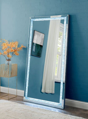 The faux diamond inlay is the finishing touch to the glamorous Noralie Mirror. This accent mirror features LED lighting with faux diamond inlay that glimmer and glitter in the available light. Its rectangular frame will work in your entrance, hallway, or 