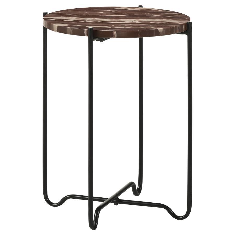 Blending timeless elegance with industrial charm, this round accent table features a rich red marble top, adding a bold and sophisticated touch to any space. The sleek black iron base showcases a unique criss-cross design, providing stability while mainta