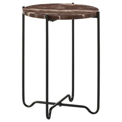 Blending timeless elegance with industrial charm, this round accent table features a rich red marble top, adding a bold and sophisticated touch to any space. The sleek black iron base showcases a unique criss-cross design, providing stability while mainta