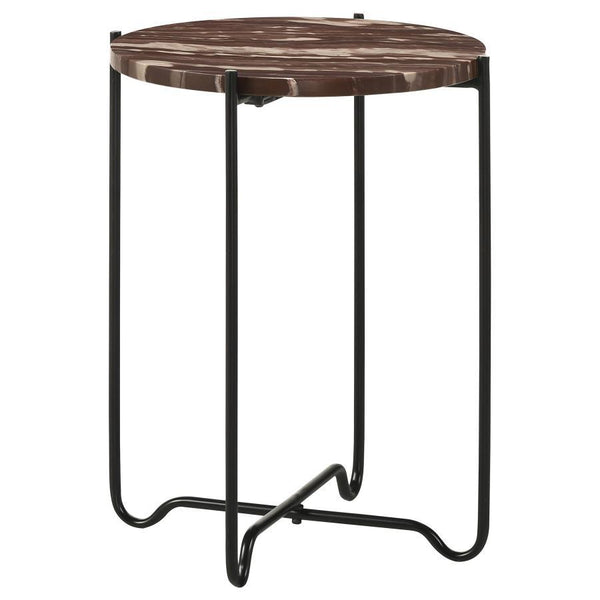 Blending timeless elegance with industrial charm, this round accent table features a rich red marble top, adding a bold and sophisticated touch to any space. The sleek black iron base showcases a unique criss-cross design, providing stability while mainta