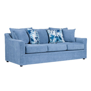 The Sylvie 3 Seater Sofa blends transitional charm with coastal ease. Slate blue fabric, flared arms, plush 1.9 density cushions, and sinuous springs offer lasting comfort. Includes matching and floral accent pillows. Crafted in the USA for style and dura