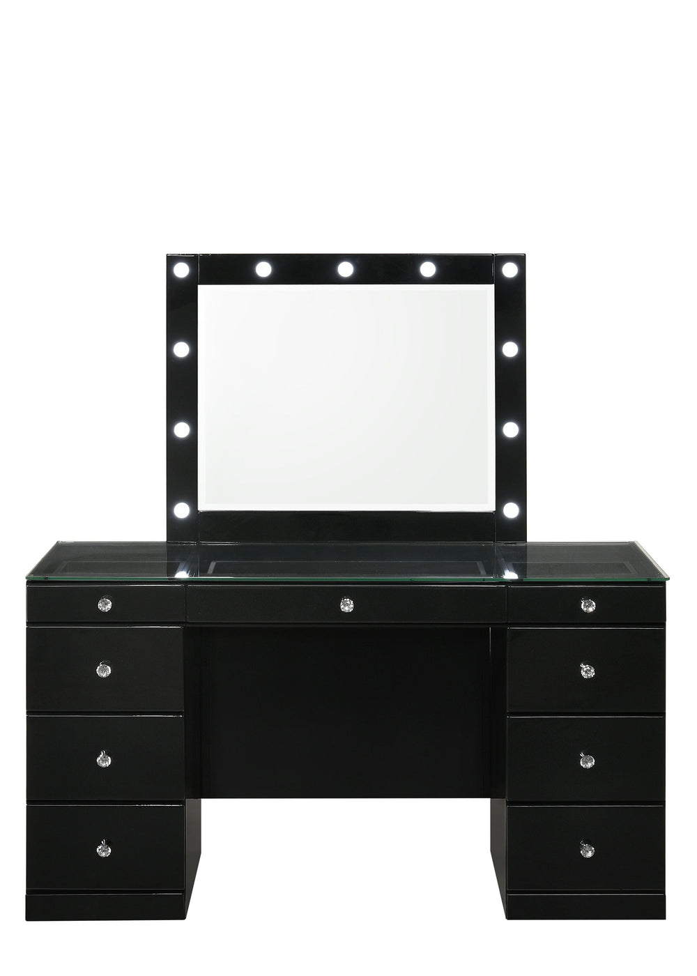 Avery - Vanity Desk With Glass Top And LED Mirror - Black<h4><b>Avery - Vanity Base - Black</b></h4> <table width="100%"><colgroup><col style="width: 30%"> <col style="width: 70%"> </colgroup> <tbody> <tr> <td>Dimensions</td> <td> 57.00"L x 23.25"D x 31.0