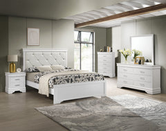 This bedroom set embodies a refined elegance with its crisp white hue and luxurious textures, perfect for creating a serene and sophisticated sanctuary. The centerpiece is a sumptuous bed framed by a headboard with diamond-tufted detailing, offering a tou
