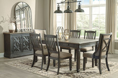 Unique two-tone finish with a combination of Oak and Acacia substrates combining a trendy textured antique black color with table and server tops finished in a textural weathered oak finish. Rectangular dining table features six convenient drawers for sto