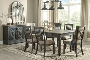 Unique two-tone finish with a combination of Oak and Acacia substrates combining a trendy textured antique black color with table and server tops finished in a textural weathered oak finish. Rectangular dining table features six convenient drawers for sto