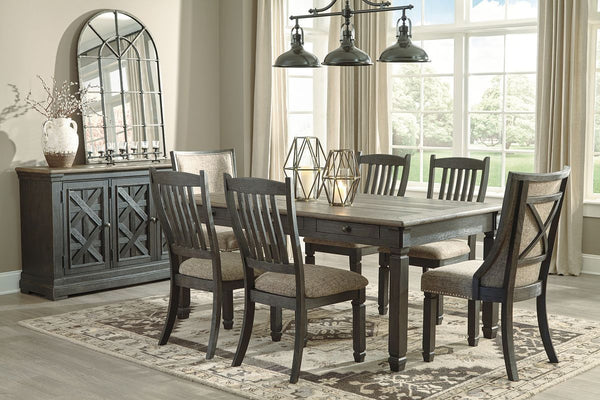 Unique two-tone finish with a combination of Oak and Acacia substrates combining a trendy textured antique black color with table and server tops finished in a textural weathered oak finish. Rectangular dining table features six convenient drawers for sto