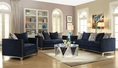 The Phaedra sofa is an ideal choice for any living room. This blue upholstered sofa features decorative Nailhead trim, duck feather filing, tight back and loose seat cushions. Five pillows are included for better and comfortable back support. Strength and