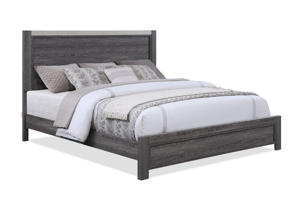  gray finish with a streamlined design. The sturdy bed acts as the focal point with a bold yet unadorned headboard
