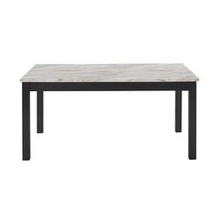 The contemporary 64â€ long Celeste Dining Table provides comfortable seating for six. The solid Rubberwood legs, coupled with manufactured wood components, guarantee a long-lasting dining set that stands the test of time. The glossy-coated faux marble to