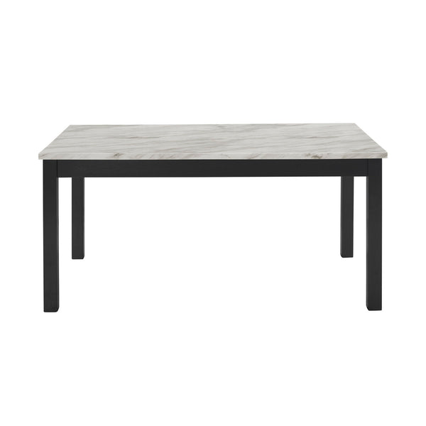 The contemporary 64â€ long Celeste Dining Table provides comfortable seating for six. The solid Rubberwood legs, coupled with manufactured wood components, guarantee a long-lasting dining set that stands the test of time. The glossy-coated faux marble to